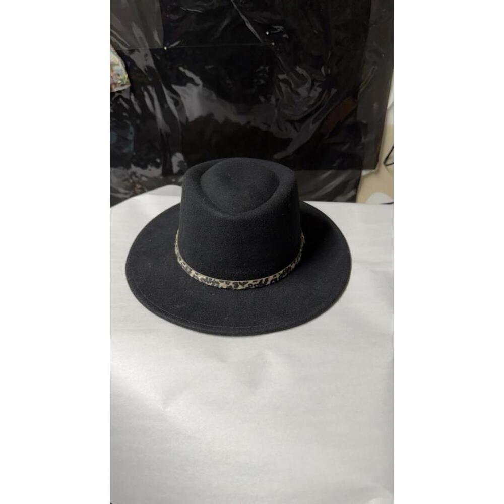 Nine West Black Felt Fedora Hat Leopard Bandβ Wide Brim One Size